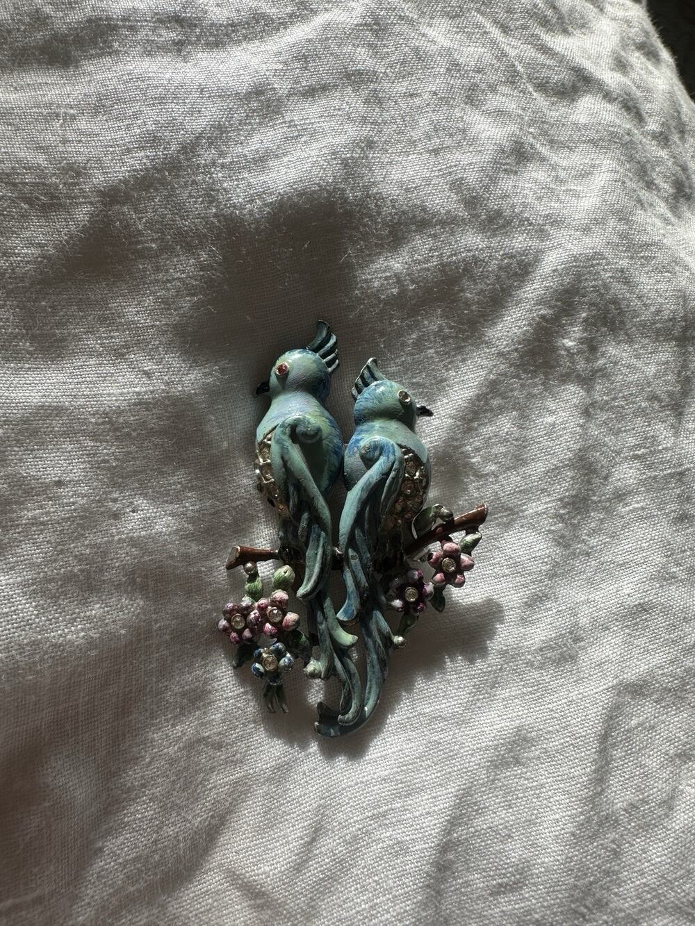 Vintage Coro Duette Love Birds Cockatoo Fur Clip Brooch Pair Enamel Rhinestone